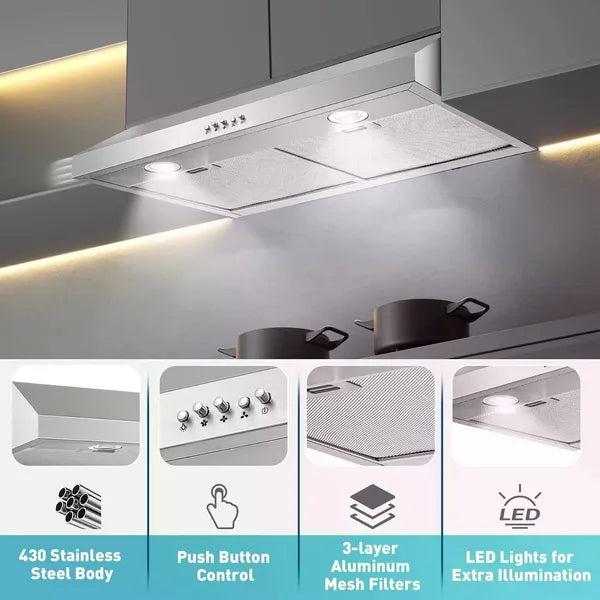 30 Inch Kitchen Under Cabinet Range Hood 500 CFM Stainless Steel