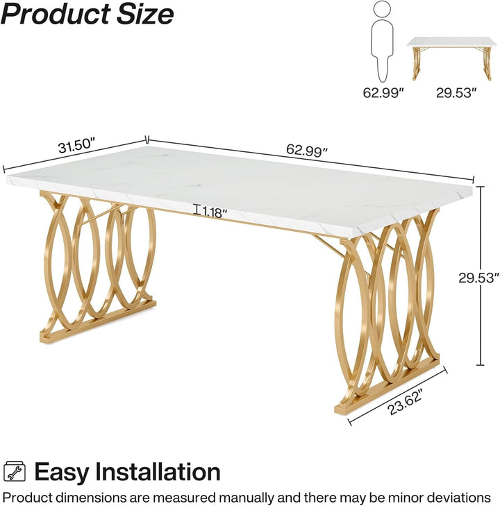 63 Inch Dining Table With Faux Marble Top For Kitchen And Dining Room