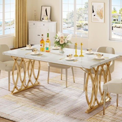 63 Inch Dining Table With Faux Marble Top For Kitchen And Dining Room