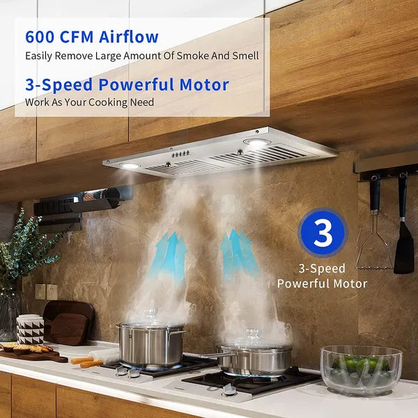 Range Hood Insert 30 Inch; Stainless Steel Kitchen Vent Hood 600CFM;