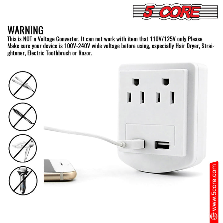 5 Core Travel Plug Adapter European International Power Plug w/ 2 USB,