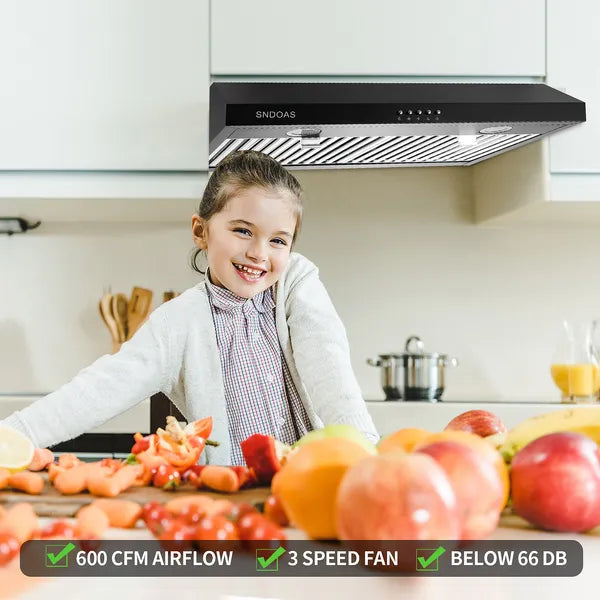 30 Inch Kitchen Under Cabinet Range Hood 3-Speed 600CFM Vent W/LEDs
