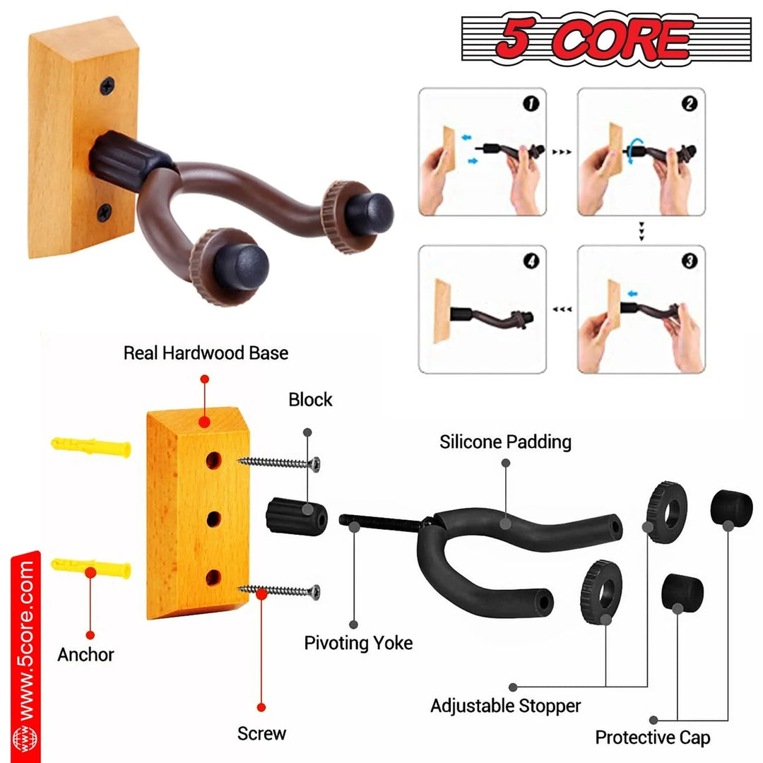 5Core Guitar Wall Mount Hanger 2Pack U-Shaped Wood Guitar Wall Hook