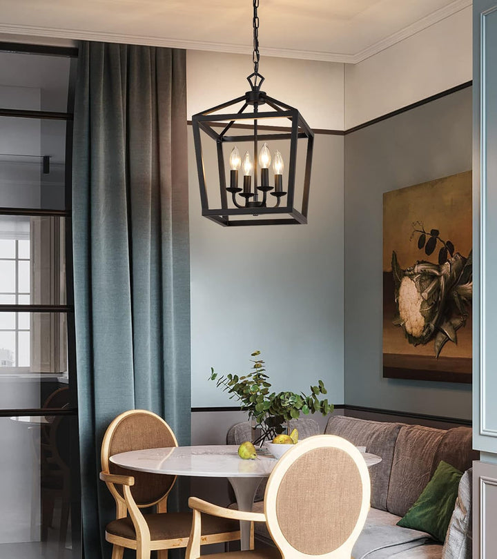 Rustic Black Lantern Chandelier 4 Light Fixture For Kitchen