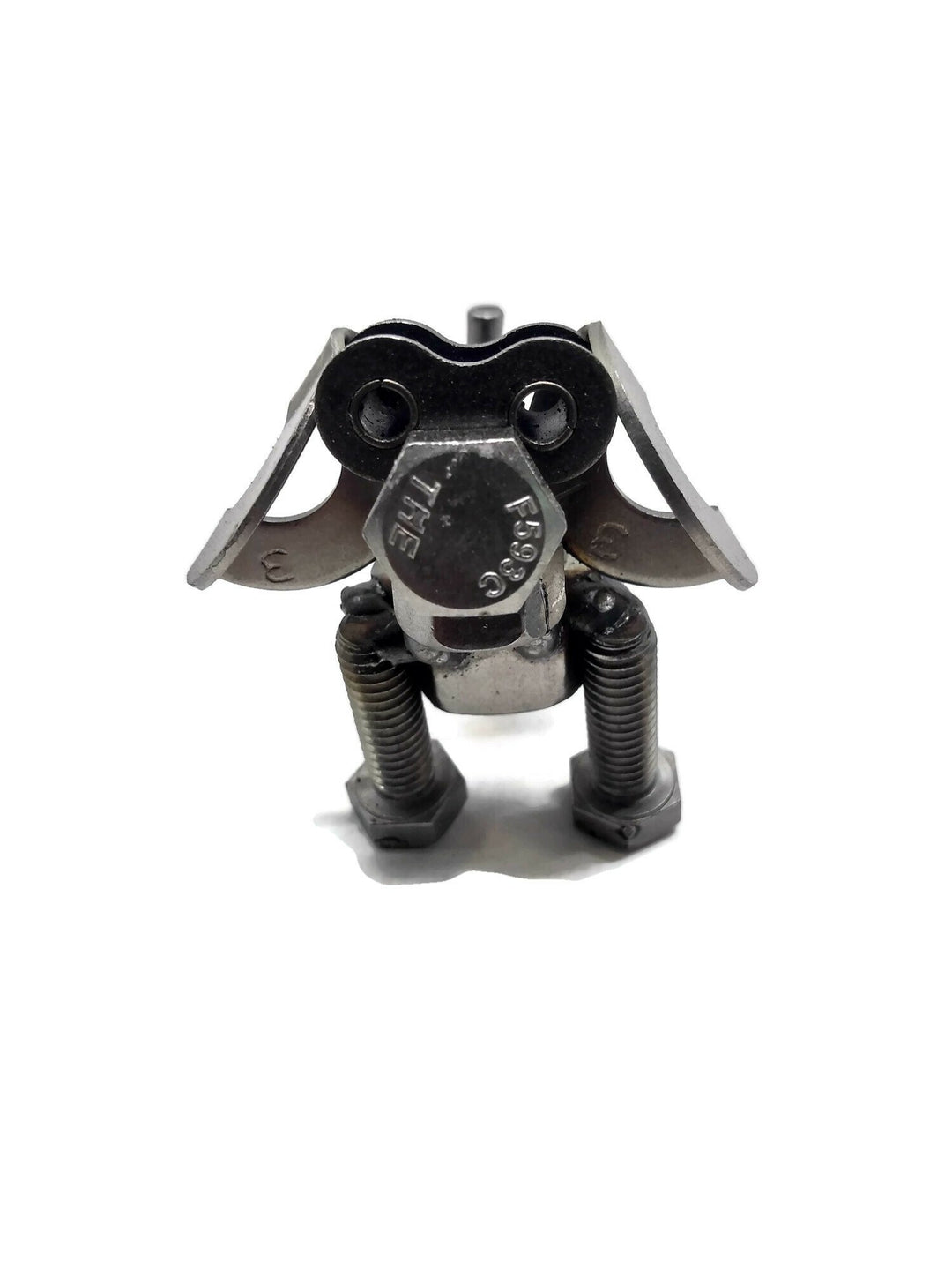Scrap Metal Short Eared Dog Figurine, Steel Canine, Nuts and Bolts