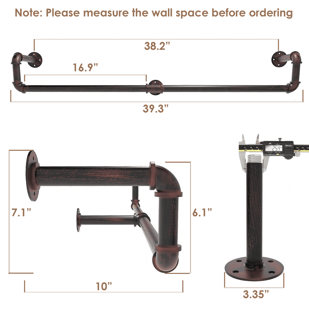 (39in - Black Brush Red Coper) Industrial Pipe Clothing Rack, Wall