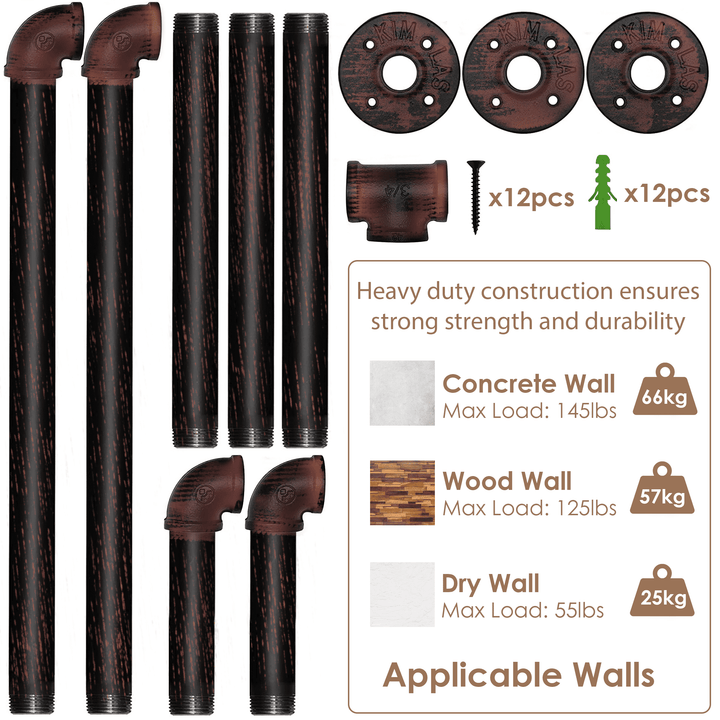 (39in - Black Brush Red Coper) Industrial Pipe Clothing Rack, Wall