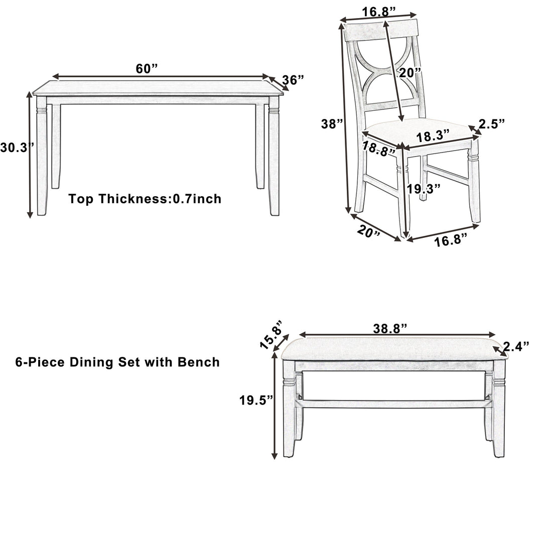 6-Piece Wood Dining Table Set Kitchen Table Set with Upholstered Bench