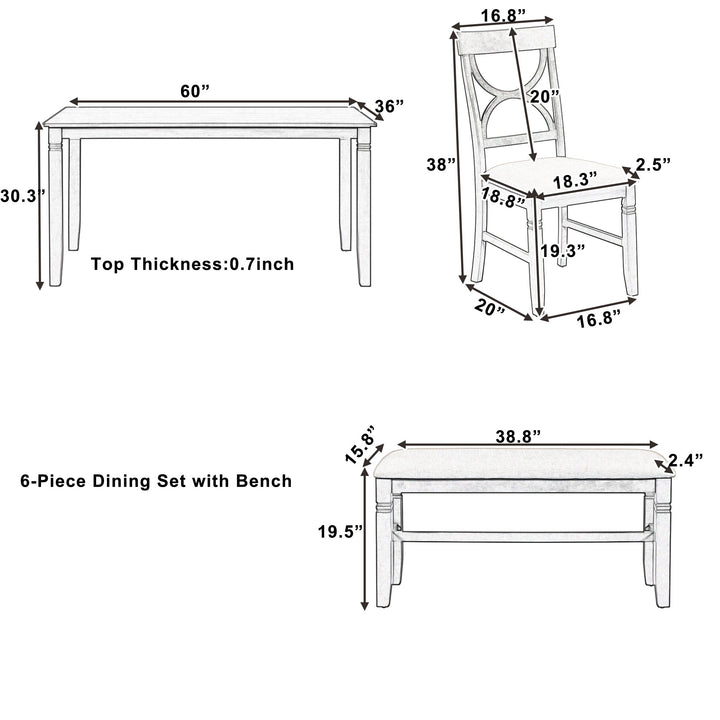 6-Piece Wood Dining Table Set Kitchen Table Set with Upholstered Bench