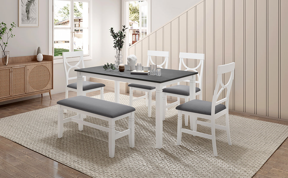 6-Piece Wood Dining Table Set Kitchen Table Set with Upholstered Bench