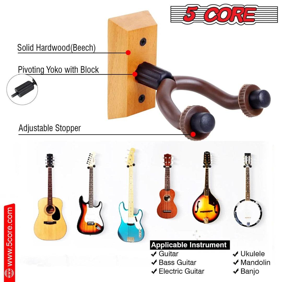 5Core Guitar Wall Mount Hanger 2Pack U-Shaped Wood Guitar Wall Hook