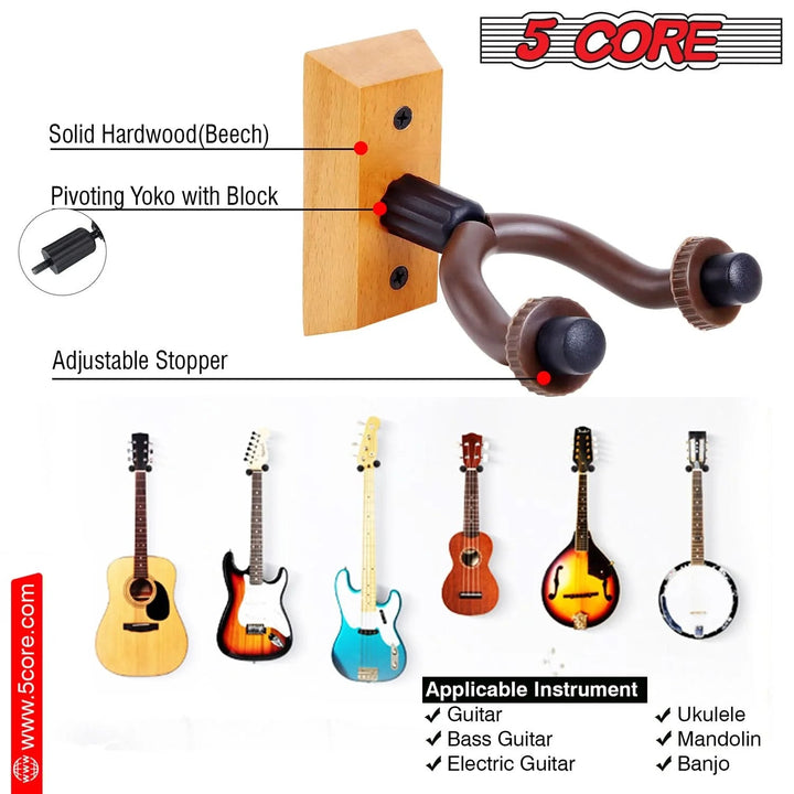 5Core Guitar Wall Mount Hanger 2Pack U-Shaped Wood Guitar Wall Hook