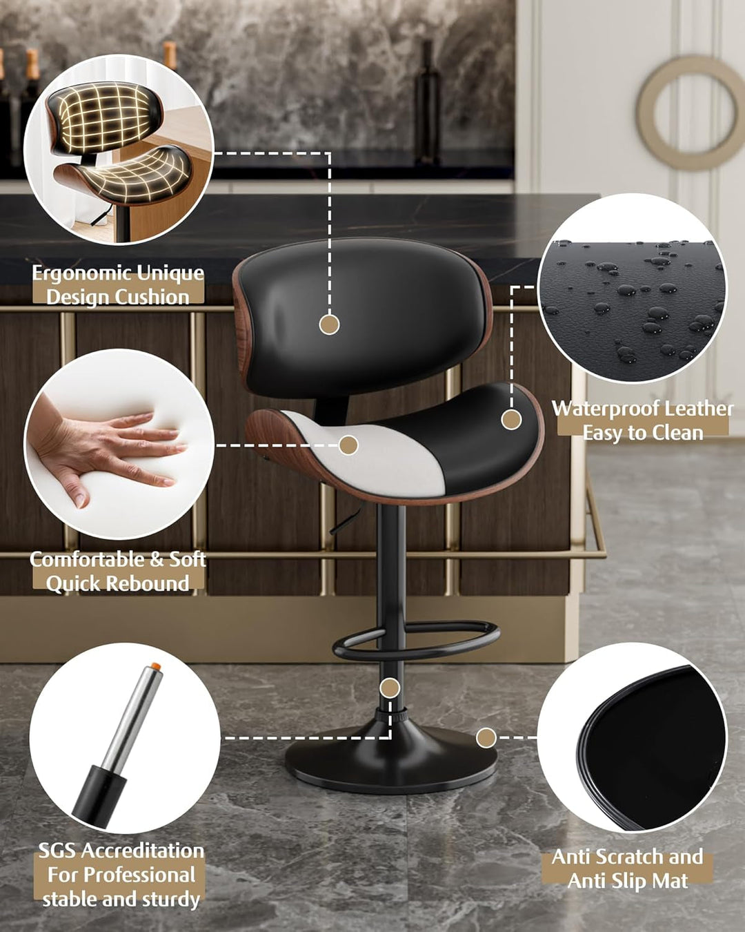 Set Of 2 Adjustable Swivel Bar Stools For Kitchen Island Black