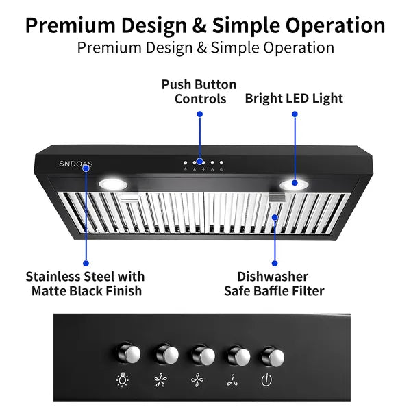 30 Inch Kitchen Under Cabinet Range Hood 3-Speed 600CFM Vent W/LEDs