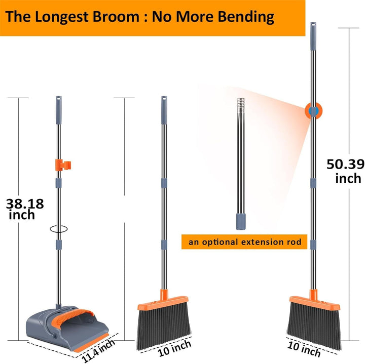 Upgrade Broom and Dustpan Set, Self-Cleaning with Dustpan Teeth,