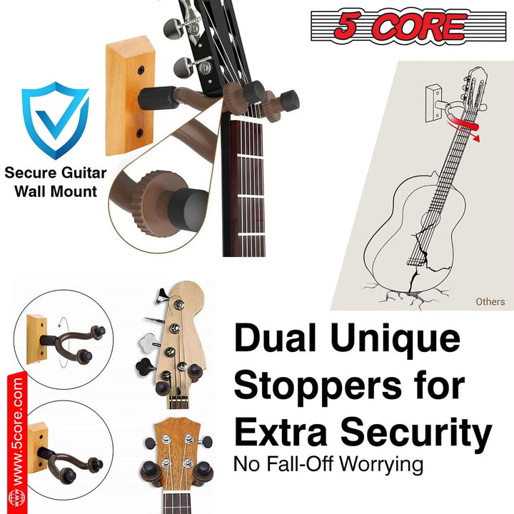 5Core Guitar Wall Mount Hanger 2Pack U-Shaped Wood Guitar Wall Hook