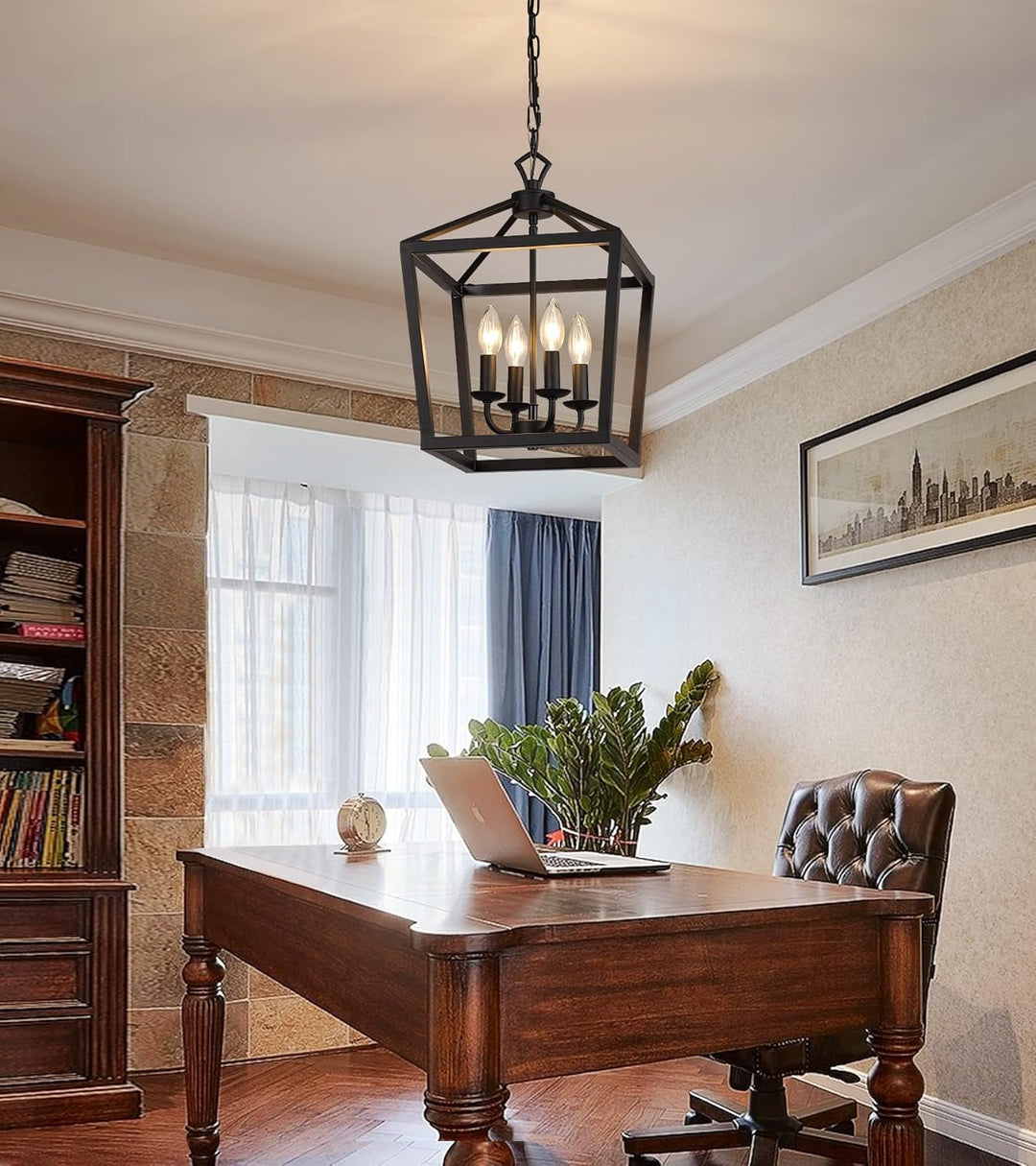 Rustic Black Lantern Chandelier 4 Light Fixture For Kitchen