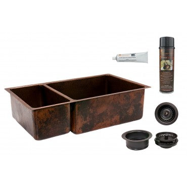 33'' Hammered Copper Kitchen 25/75 Double Basin Sink with Ma